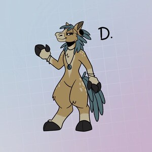 May include: A cartoon illustration of a brown and white horse with blue feathers and a necklace. The horse has a blue and white patterned mane and tail. The text "D." is in the upper right corner of the image.