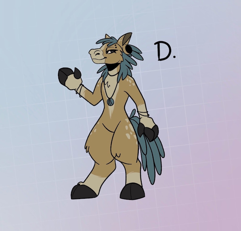 May include: A cartoon illustration of a brown and white horse with blue feathers and a necklace. The horse has a blue and white patterned mane and tail. The text "D." is in the upper right corner of the image.