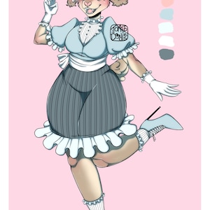 Puede incluir: Una ilustración de dibujos animados de un perro con un vestido azul y blanco con un borde de volantes blancos. El perro tiene pelaje marrón, guantes blancos y zapatos azules. El perro sonríe y hace un signo de paz con sus patas delanteras.