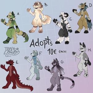 May include: A digital illustration of eight adoptable characters, including a green wolf, a white wolf, a black sheep, a brown horse, a red dragon, a blue polar bear, a gray cat, and a white rabbit. The characters are labeled with letters A through H. The text "Adopts 10€ each" is also included in the image.