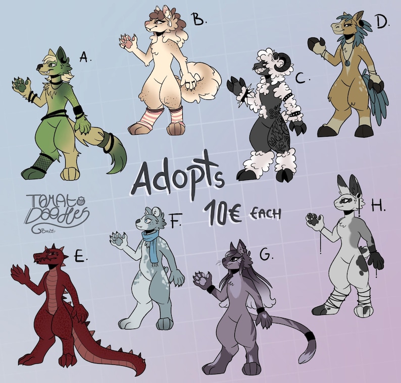 May include: A digital illustration of eight adoptable characters, including a green wolf, a white wolf, a black sheep, a brown horse, a red dragon, a blue polar bear, a gray cat, and a white rabbit. The characters are labeled with letters A through H. The text "Adopts 10&euro; each" is also included in the image.