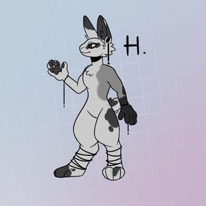 May include: A black and white rabbit character with long ears, wearing black gloves and white bandages on its legs. The character has a black choker and black earrings. The text "H." is written in black to the right of the character.