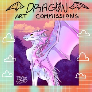 Könnte beinhalten: Eine digitale Illustration eines lila und weißen Drachen mit rosa Akzenten. Der Drache steht auf einem lila und rosa Hintergrund mit Wolken im Hintergrund. Der Text "Dragon Art Commissions" befindet sich oben im Bild.