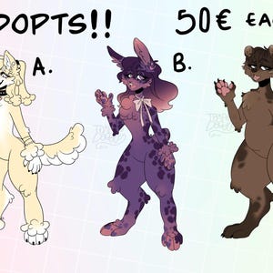 May include: Three digital illustrations of adoptable animal characters. A white dog with a pink collar, a purple bunny with a pink bow, and a brown bear. The text "ADOPTS!!" is at the top of the image. The text "50&euro; EACH" is at the top right of the image.
