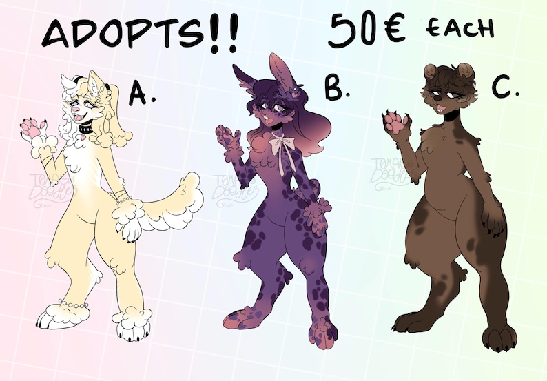 May include: Three digital illustrations of adoptable animal characters. A white dog with a pink collar, a purple bunny with a pink bow, and a brown bear. The text "ADOPTS!!" is at the top of the image. The text "50&euro; EACH" is at the top right of the image.