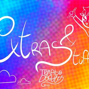 Puede incluir: Un fondo colorido con un contorno blanco de un personaje de dibujos animados que sostiene un bolígrafo y dibuja las palabras "Extra Stuff!" con una nube y el texto "Tomato Doodles" debajo.