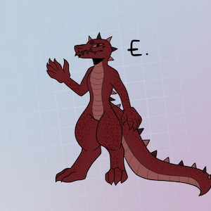 May include: A red, cartoon-style dragon with a long tail and spiky back. The dragon has a toothy grin and is standing on a light blue and purple background.