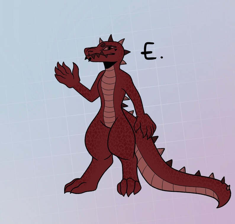 May include: A red, cartoon-style dragon with a long tail and spiky back. The dragon has a toothy grin and is standing on a light blue and purple background.