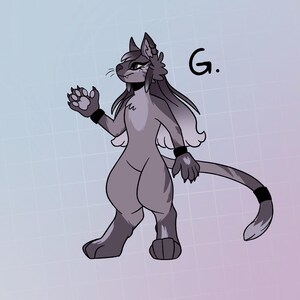 May include: A gray and white furry creature with a long tail and wings. The creature is wearing black wristbands and has a black collar with a white letter "G" on it.