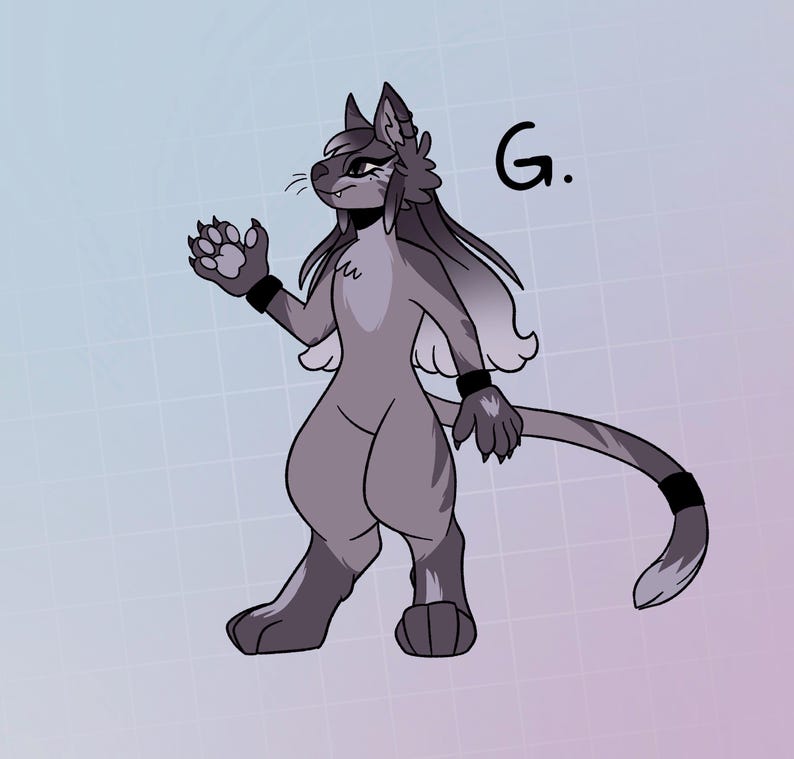 May include: A gray and white furry creature with a long tail and wings. The creature is wearing black wristbands and has a black collar with a white letter "G" on it.