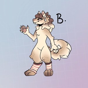 May include: A cartoon illustration of a light brown furry creature with a fluffy tail, wearing pink and white striped socks. The creature has a brown nose, brown eyes, and a pink tongue sticking out. The creature is standing on a light blue background with a grid pattern. The letter "B." is written in black above the creature.