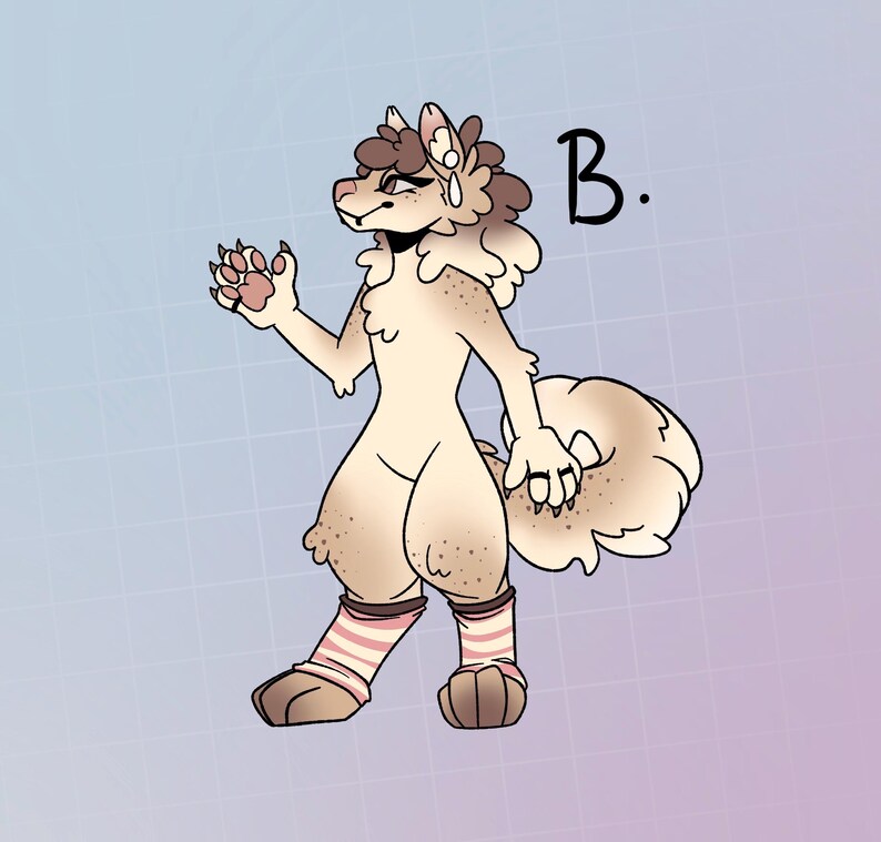 May include: A cartoon illustration of a light brown furry creature with a fluffy tail, wearing pink and white striped socks. The creature has a brown nose, brown eyes, and a pink tongue sticking out. The creature is standing on a light blue background with a grid pattern. The letter "B." is written in black above the creature.