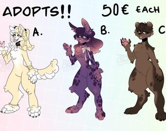 May include: Three digital illustrations of adoptable animal characters. A white dog with a pink collar, a purple bunny with a pink bow, and a brown bear. The text "ADOPTS!!" is at the top of the image. The text "50€ EACH" is at the top right of the image.