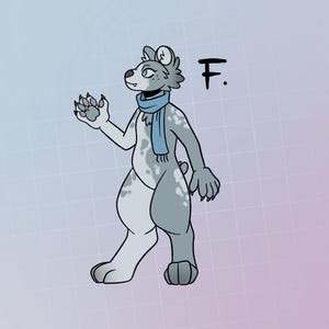 May include: A cartoon illustration of a gray and white furry creature with a blue scarf. The creature has a light blue nose and blue eyes. The creature is standing on a light blue and purple background. The text "F." is written in black above the creature.