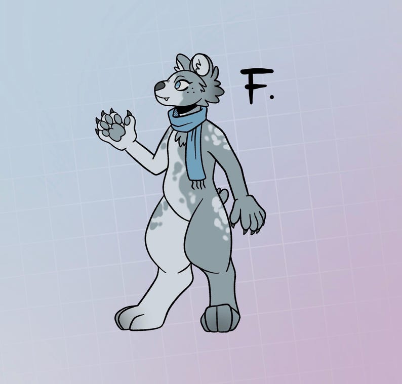 May include: A cartoon illustration of a gray and white furry creature with a blue scarf. The creature has a light blue nose and blue eyes. The creature is standing on a light blue and purple background. The text "F." is written in black above the creature.