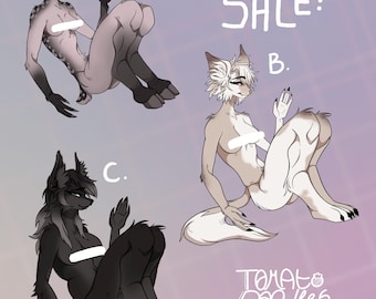May include: Three digital illustrations of furry characters, labeled A, B, and C. The characters are in various poses, with the text "ADOPT SALE!" at the top of the image.