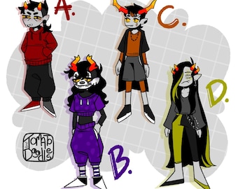 May include: Illustration of four stylized characters with horns, each in different outfits. Character A wears a red hoodie and black pants. Character B is in purple. Character C has an orange shirt and black coat. Character D is in black and green.