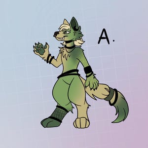 May include: A green and brown furry wolf-like creature with black accents and a black choker. The creature is standing on a light blue and purple grid background. The letter "A." is in the upper right corner of the image.