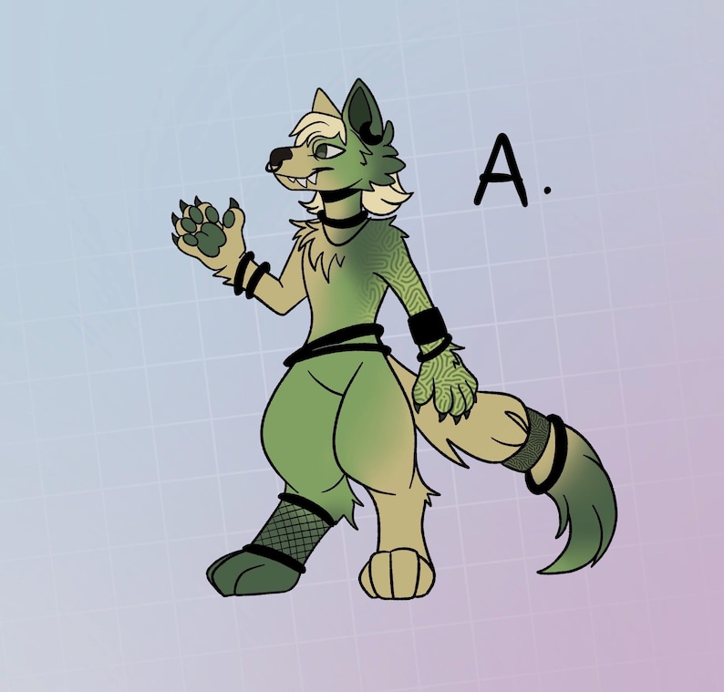 May include: A green and brown furry wolf-like creature with black accents and a black choker. The creature is standing on a light blue and purple grid background. The letter "A." is in the upper right corner of the image.