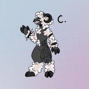 May include: A black and white cartoon illustration of a sheep with horns, wearing a white fluffy coat and black tattoos. The sheep is standing on a light blue and purple background with a grid pattern. The letter "C." is written in black on the right side of the image.