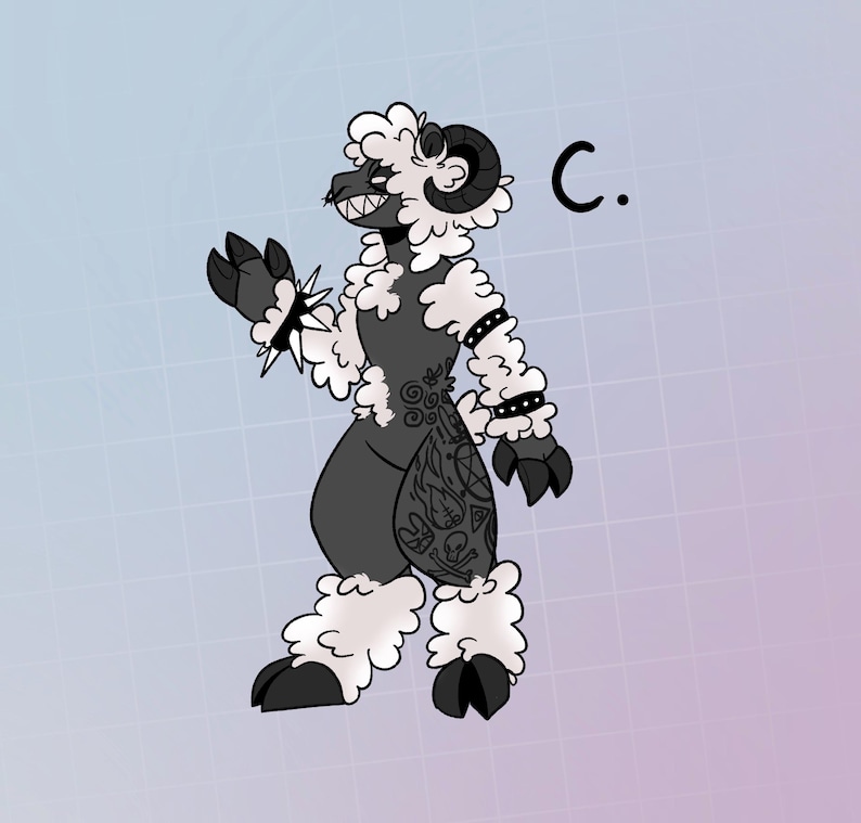 May include: A black and white cartoon illustration of a sheep with horns, wearing a white fluffy coat and black tattoos. The sheep is standing on a light blue and purple background with a grid pattern. The letter "C." is written in black on the right side of the image.