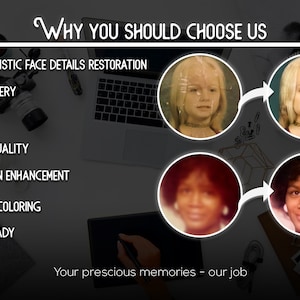 May include: Image showcasing photo restoration services. Text reads "Why You Should Choose Us" with benefits like "Photorealistic Face Details Restoration" and "Natural Coloring." Before and after examples of restored photos are displayed.
