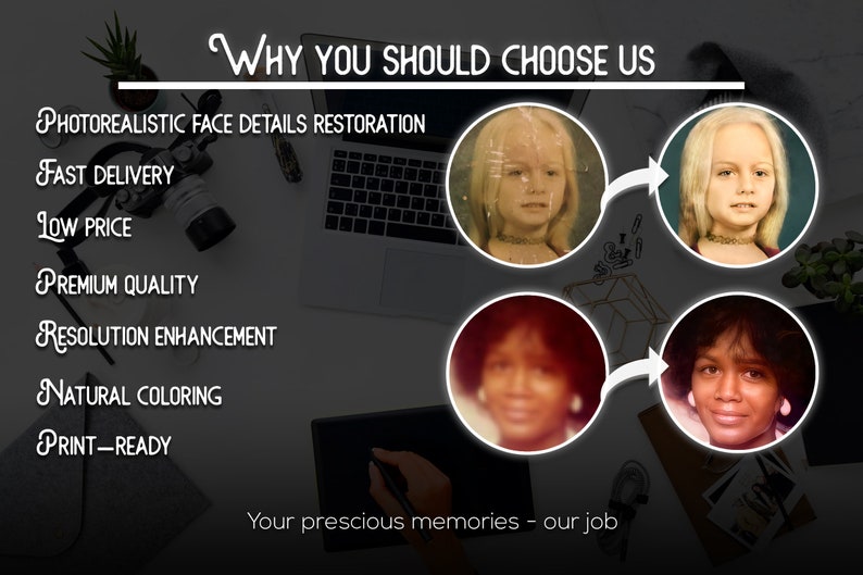May include: Image showcasing photo restoration services. Text reads "Why You Should Choose Us" with benefits like "Photorealistic Face Details Restoration" and "Natural Coloring." Before and after examples of restored photos are displayed.