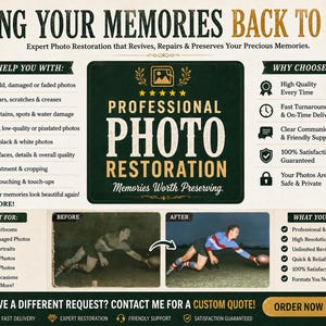 Pode incluir: Um an&uacute;ncio de servi&ccedil;os profissionais de restauro de fotografias. A imagem apresenta o texto "Bring Your Memories Back to Life" e detalha servi&ccedil;os como a restaura&ccedil;&atilde;o de fotos antigas, a coloriza&ccedil;&atilde;o de fotos a preto e branco e muito mais.