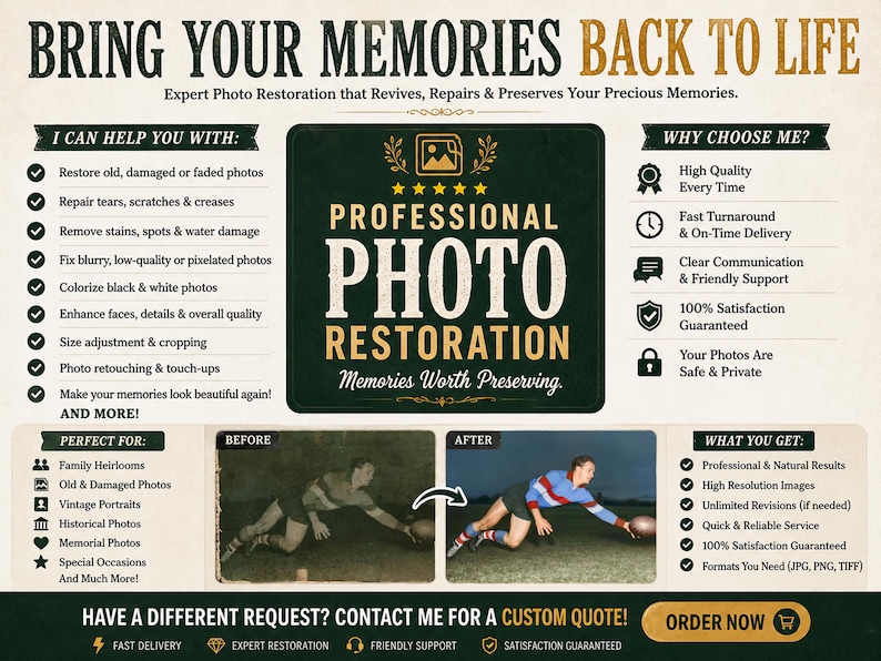 Pode incluir: Um an&uacute;ncio de servi&ccedil;os profissionais de restauro de fotografias. A imagem apresenta o texto "Bring Your Memories Back to Life" e detalha servi&ccedil;os como a restaura&ccedil;&atilde;o de fotos antigas, a coloriza&ccedil;&atilde;o de fotos a preto e branco e muito mais.