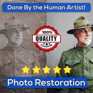 A before and after image of a photo restoration service. The image on the left is a faded, black and white photo of a man in a military uniform. The image on the right is a restored, colorized version of the photo. The text 'Free Preview Before You Buy' is displayed at the top of the image. Five yellow stars are displayed below the image with the text 'Fair Price, Fast Delivery, Best Quality'.