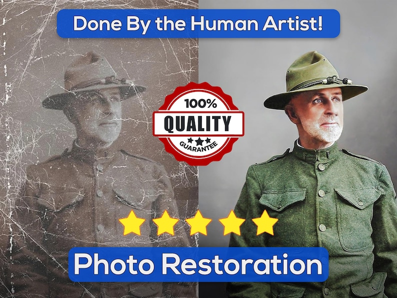 A before and after image of a photo restoration service. The image on the left is a faded, black and white photo of a man in a military uniform. The image on the right is a restored, colorized version of the photo. The text 'Free Preview Before You Buy' is displayed at the top of the image. Five yellow stars are displayed below the image with the text 'Fair Price, Fast Delivery, Best Quality'.