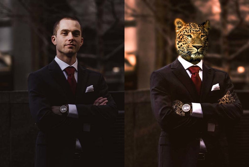 May include: A man in a black suit with a red tie and a white pocket square. He is wearing a watch on his left wrist. The man has a leopard's head in place of his own.
