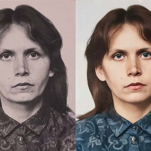 May include: A split image shows a woman's portrait in both black and white and color. The color image displays a woman with brown hair, blue eyes, and a blue floral patterned blouse. The black and white image is a vintage photograph.