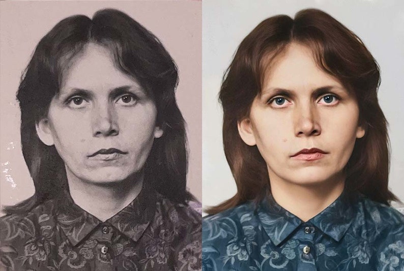 May include: A split image shows a woman's portrait in both black and white and color. The color image displays a woman with brown hair, blue eyes, and a blue floral patterned blouse. The black and white image is a vintage photograph.