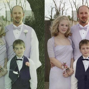 May include: A family portrait featuring a man, a woman, and a young boy. The man and boy wear formal attire with bow ties and vests. The woman wears a light purple dress. All three are standing outdoors near a tree.