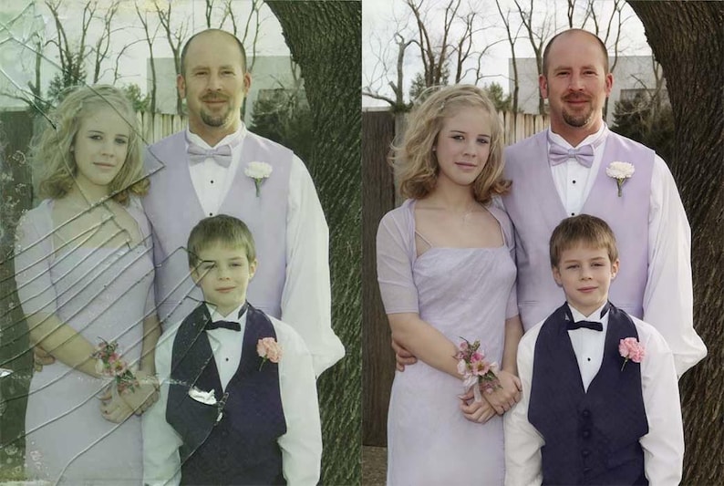 May include: A family portrait featuring a man, a woman, and a young boy. The man and boy wear formal attire with bow ties and vests. The woman wears a light purple dress. All three are standing outdoors near a tree.