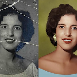 May include: A split image showing a before-and-after photo restoration. The left side is a damaged black and white portrait of a woman with cracks. The right side is a colorized version of the same woman with a blue dress and green background.