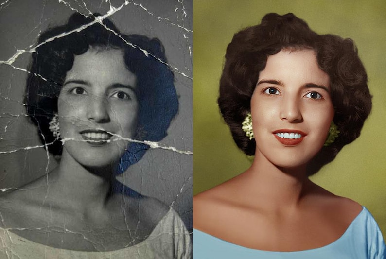 May include: A split image showing a before-and-after photo restoration. The left side is a damaged black and white portrait of a woman with cracks. The right side is a colorized version of the same woman with a blue dress and green background.