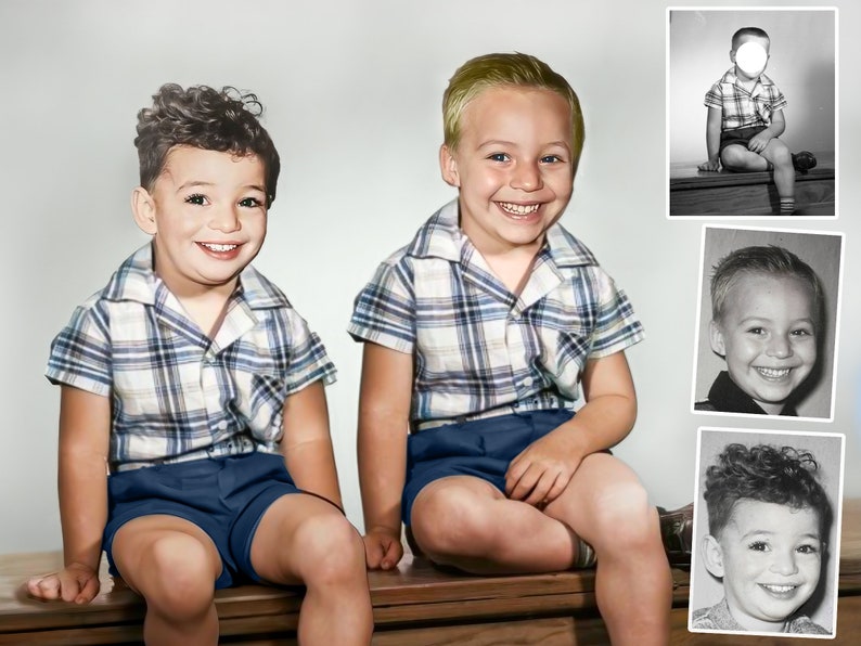 May include: Two young boys wearing matching plaid shirts and blue shorts are sitting on a wooden bench. They are both smiling and looking at the camera.