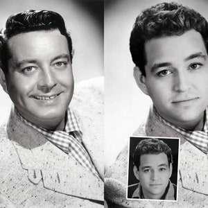 May include: A black and white photo of a man with short, dark hair. He is wearing a light-colored suit jacket with a checkered shirt underneath. The photo is split into two images, with the man's face on the left and a smaller photo of the man's face on the right.