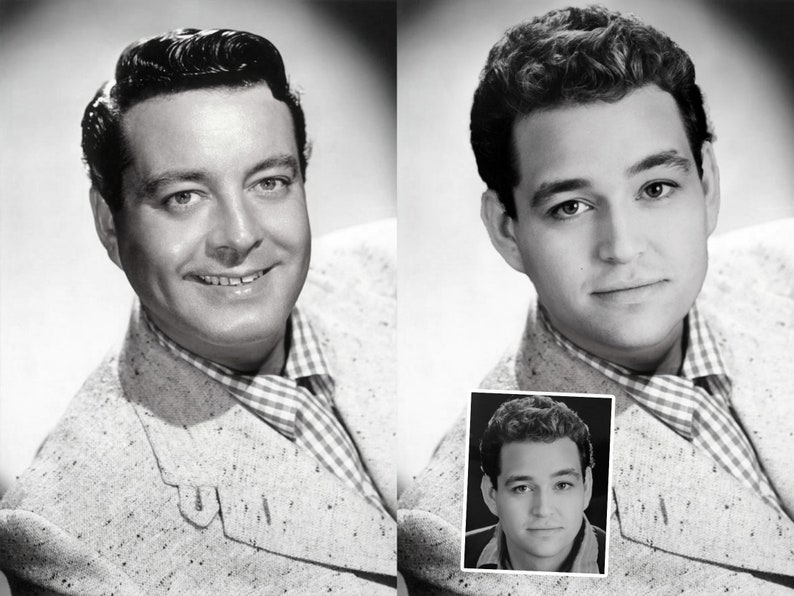 May include: A black and white photo of a man with short, dark hair. He is wearing a light-colored suit jacket with a checkered shirt underneath. The photo is split into two images, with the man's face on the left and a smaller photo of the man's face on the right.