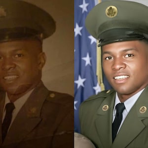 May include: A portrait of a person in a military uniform. The person is wearing a green military hat and jacket with a black tie. The background includes an American flag.