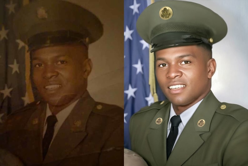 May include: A portrait of a person in a military uniform. The person is wearing a green military hat and jacket with a black tie. The background includes an American flag.