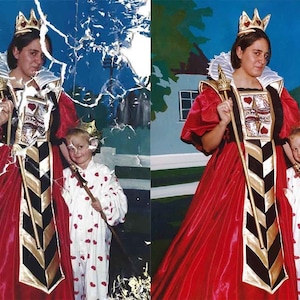 May include: A side-by-side comparison of a damaged photo and a restored photo. The restored photo shows two people dressed in costumes. One is wearing a red and black Queen of Hearts costume with a crown. The other is wearing a white outfit with red hearts and a crown.