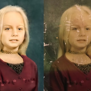 May include: A side-by-side comparison of a restored and damaged vintage portrait of a young girl. The girl has long blonde hair, a burgundy sweater with floral embroidery, and a patterned choker. The background is a teal color.