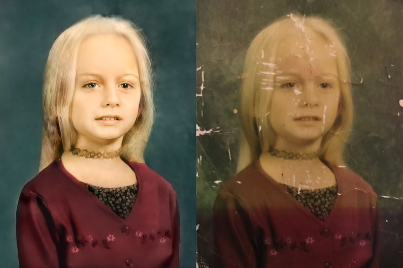 May include: A side-by-side comparison of a restored and damaged vintage portrait of a young girl. The girl has long blonde hair, a burgundy sweater with floral embroidery, and a patterned choker. The background is a teal color.