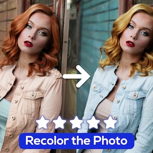 May include: A woman with red hair wearing a light pink denim jacket. The image shows a before and after photo editing effect, with the after image showing the woman with blonde hair and a light blue denim jacket.