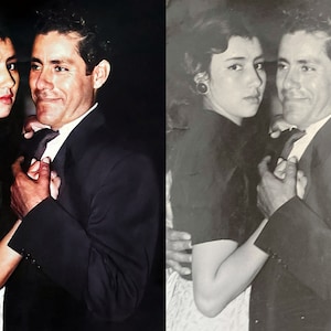 May include: A vintage photograph of a couple dancing. The woman wears a black top and large earrings. The man is in a suit and tie. The image is available in color and black and white.