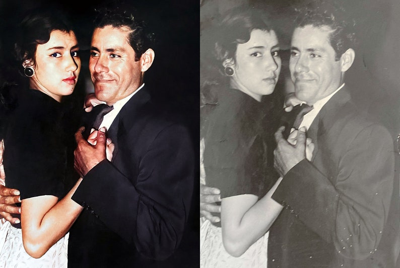 May include: A vintage photograph of a couple dancing. The woman wears a black top and large earrings. The man is in a suit and tie. The image is available in color and black and white.