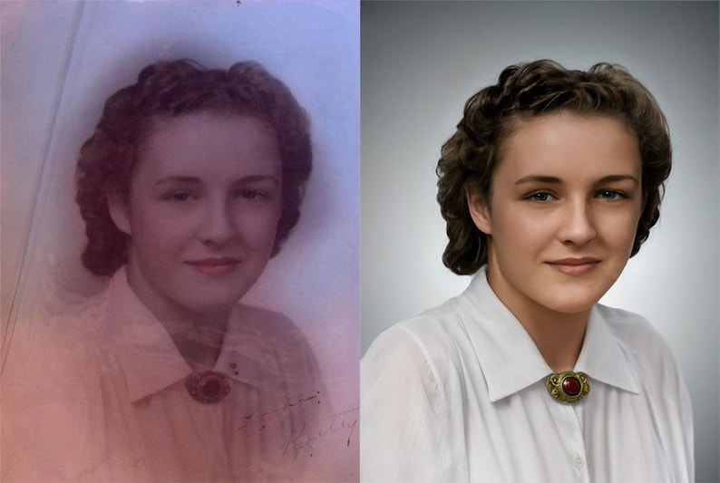 Pode incluir: Um retrato vintage de uma mulher com cabelo escuro e ondulado e uma camisa branca com gola. Ela usa um broche decorativo com uma pedra vermelha. A imagem &eacute; apresentada em duas vers&otilde;es: uma vers&atilde;o desbotada e envelhecida e uma vers&atilde;o restaurada e colorida.